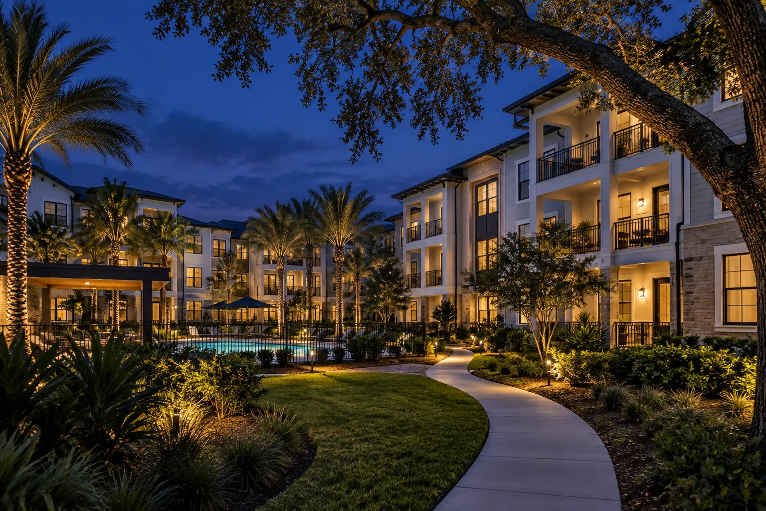 Apartment community in the Southeast United States at dusk