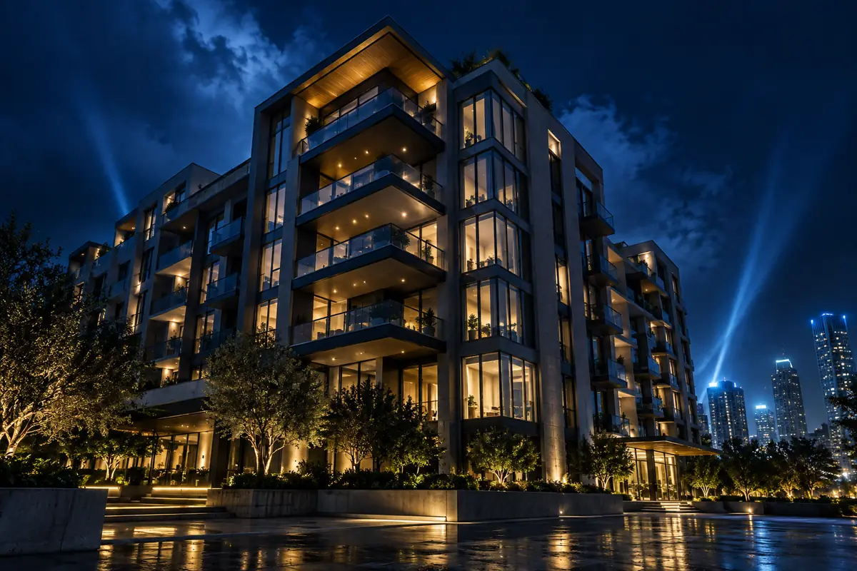 Mid-rise apartment building lit at night