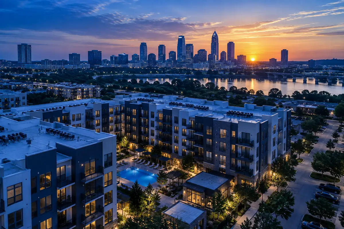 Apartment community near a city skyline at sunset